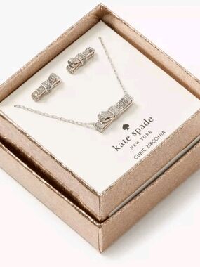 kate spade Silver Clear Cubic Zirconia Bow Necklace Earring Set Mini